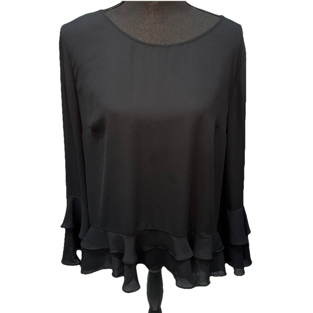 Worthington Blouse Women's Large Black Flutter Long Sleeves One Button Ruffles